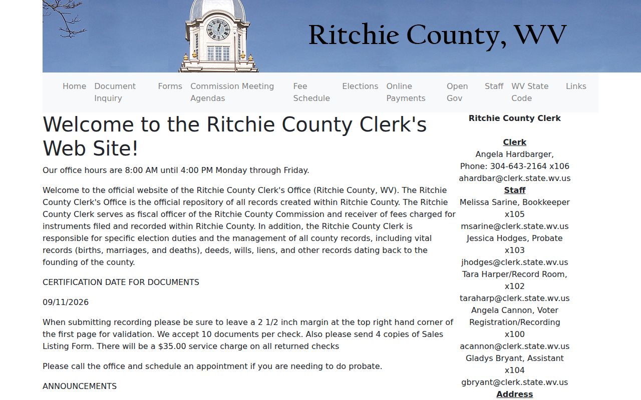 Ritchie County deed records clerk office hours and recording instructions