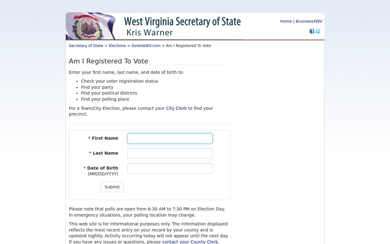West Virginia voter registration lookup fields for first name, last name, and date of birth