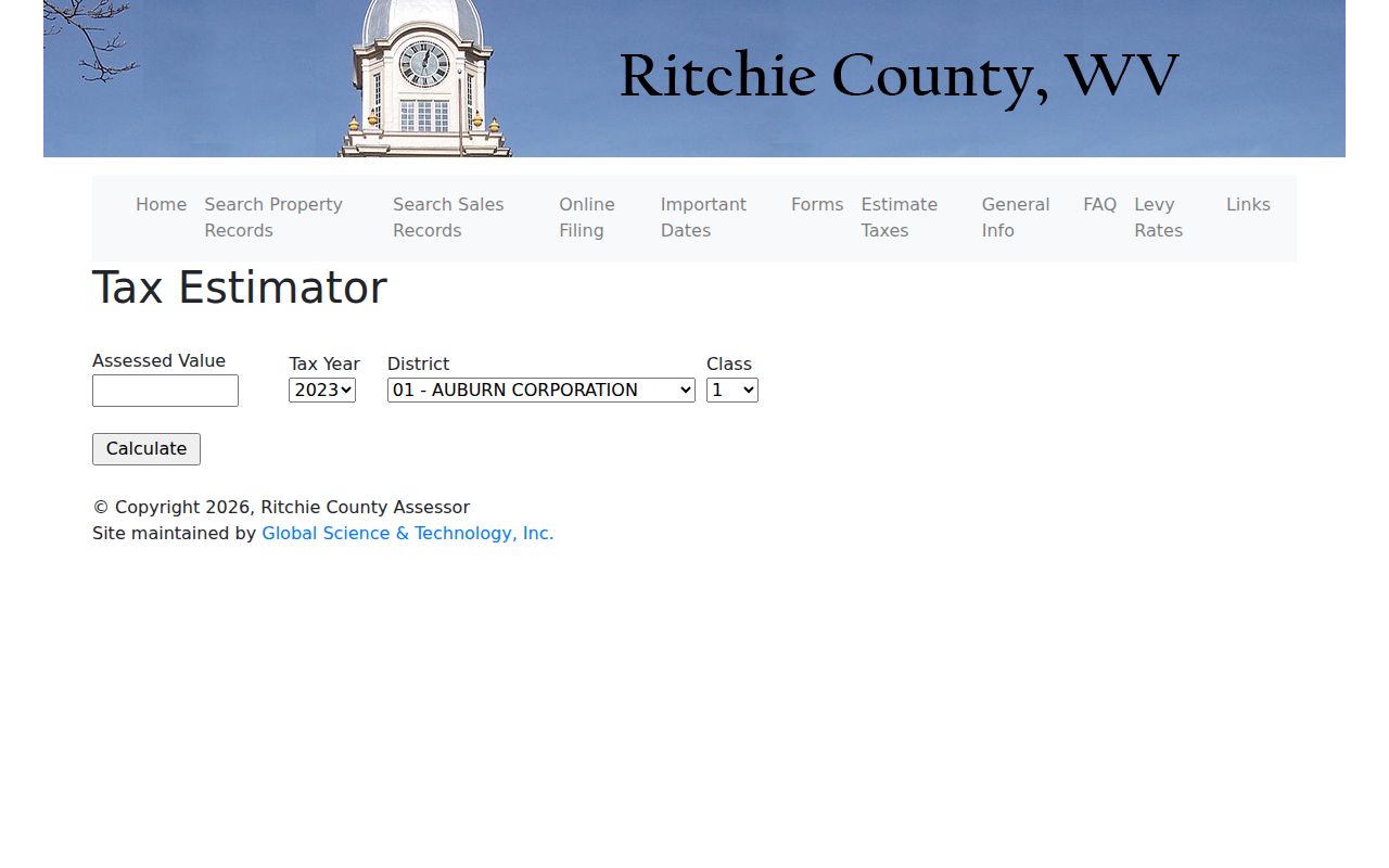 Ritchie County property value estimator inputs for assessed value, year, district, and class
