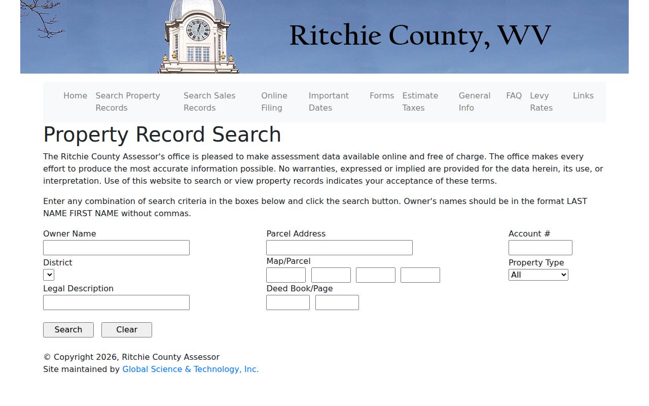 Ritchie County property records assessor search fields for address, owner, account, and map parcel