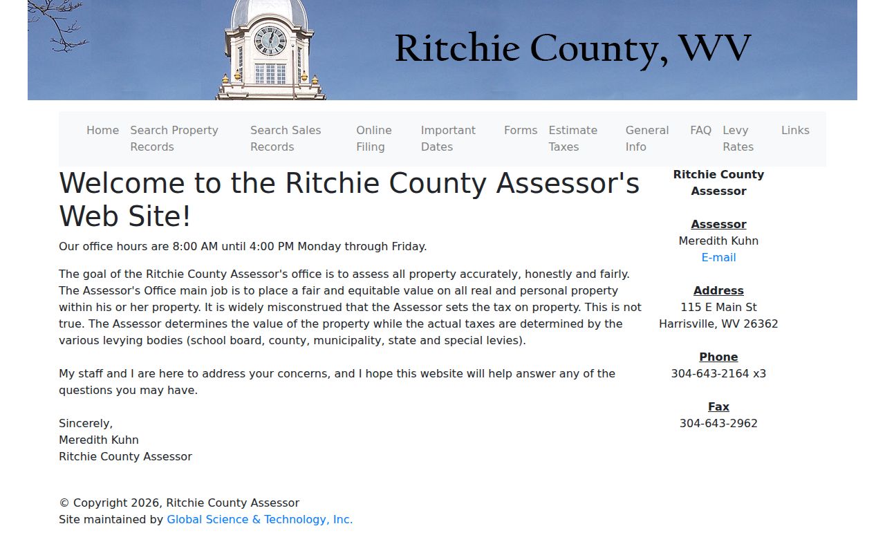 Ritchie County Assessor office contact page and explanation of assessment and tax levies