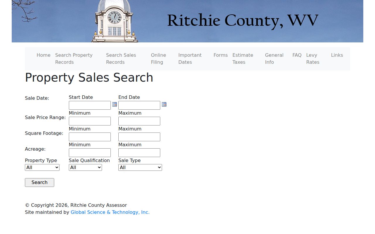 Ritchie County property value sales search filters for date, price, size, acreage, and qualification