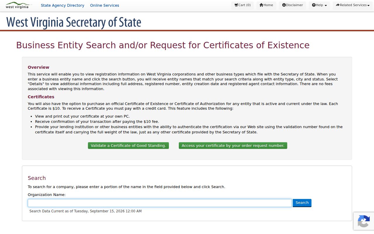 Ritchie County property owner research using the West Virginia business entity search