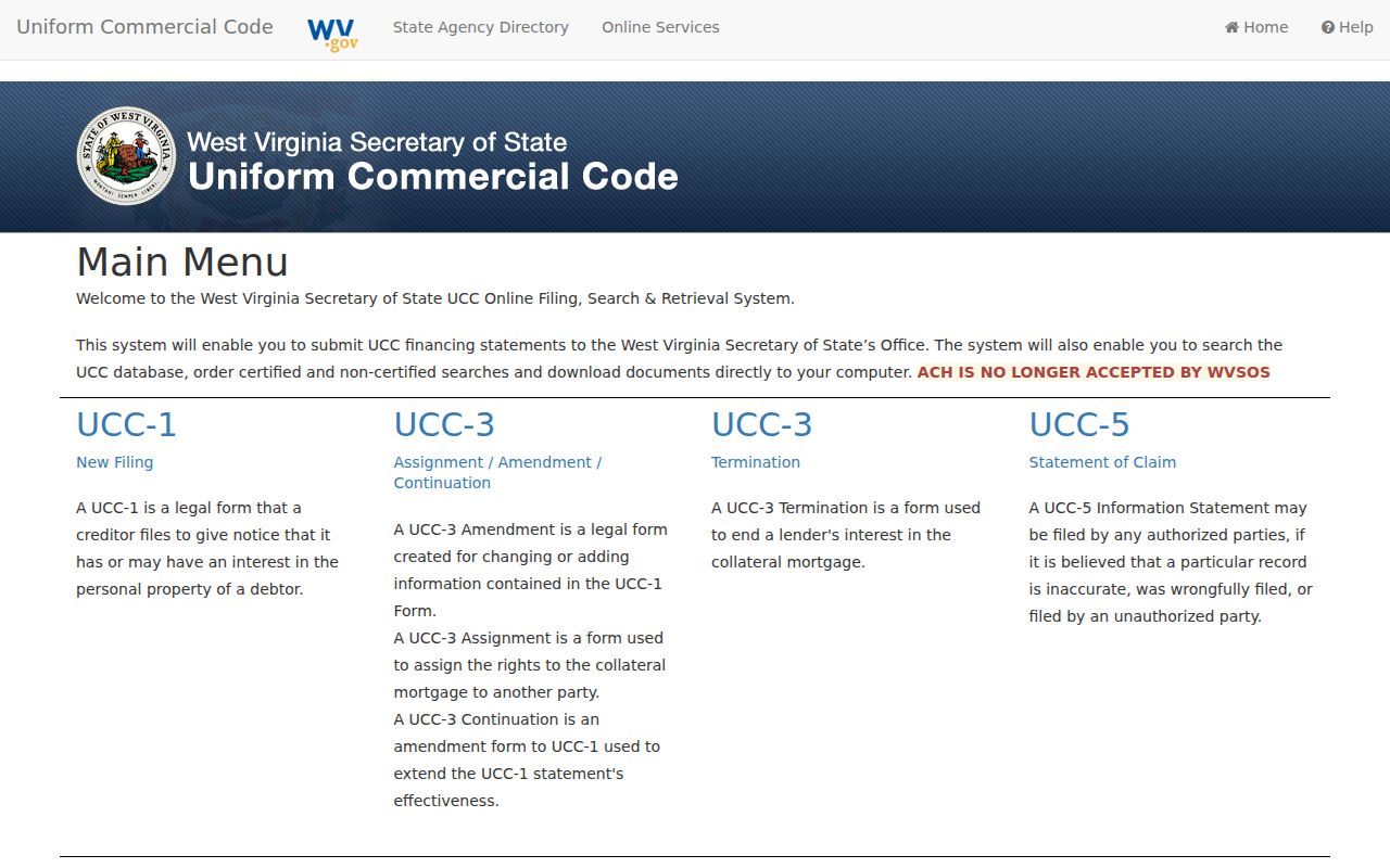 West Virginia UCC search and retrieval page for checking business and collateral filings related to property research